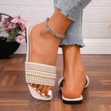 女士优雅珍珠串珠设计一脚蹬凉鞋，仿皮材质，简约风格，日常通勤舒适