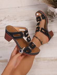 1 Đôi sandal cao gót thời trang retro dành cho nữ, họa tiết hình học, phong cách bohemian, da PU, đính đinh tán, thích hợp cho đám cưới, tiệc tùng, kỳ nghỉ, mùa hè, đế xuồng cho nữ - màu đen - Xem 4