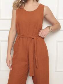 Women's Sleeveless Long Jumpsuit With High Waist Tie Belt And Side Pockets – Elegant And Comfortable - 瓦 - 查看 6