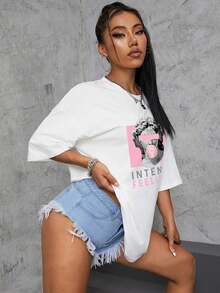 Playeras Overseize Holgada Deportivas Mujer Super Cómoda Casual Manga Corta Cuello Redondo Esculturas De Estampado - Blanco - Ver 4