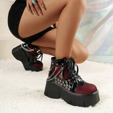 Women's Gothic Punk Style Platform Ankle Boots, Metal Chain Lace-Up Side Zipper Design, Fashionable And Bold, Suitable For Festivals, Parties, Daily Outdoor Casual Wear, All Season