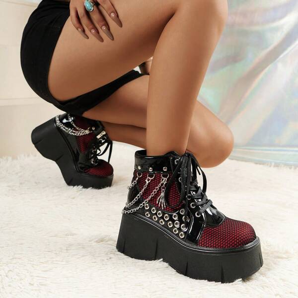 Women's Gothic Punk Style Platform Ankle Boots, Metal Chain Lace-Up Side Zipper Design, Fashionable And Bold, Suitable For Festivals, Parties, Daily Outdoor Casual Wear, All Season