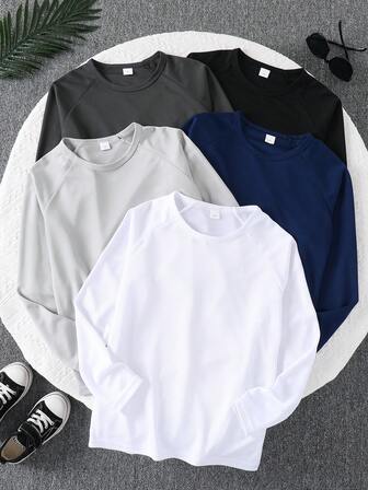 5 件/包儿童速干网眼长袖圆领插肩运动卫衣套装，适合健身、骑行、网球、休闲运动，7-11 岁