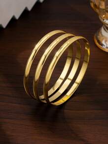3 Pieces/Set Retro Simple 18K Gold-Plated Smooth Closed Bracelet Stack Suitable For Women's Daily Wear And Wedding Gifts