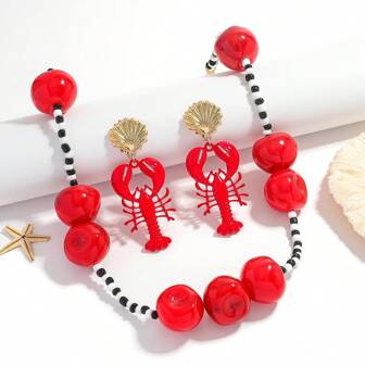 1 Set 3pcs Handmade Enamel Red Lobster Beaded Necklace, Summer Seaside Elements Beach Vacation Necklace & Earring Set For Women, Suitable For Beach & Daily Wear