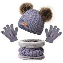 3pcs/Set Kids Warm Heart Knitted Cap Set, Fashion Cold Proof Outfit For Autumn/Winter - Solid Color Leather Label 3 Piece Set - View 5