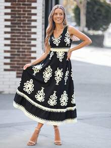 EMERY ROSE Rochie de vacanță casual cu imprimeu, mânecă scurtă, legături în talie, cu tiv în linie A și volane încrețite - Multicolor - Vizualizare 1