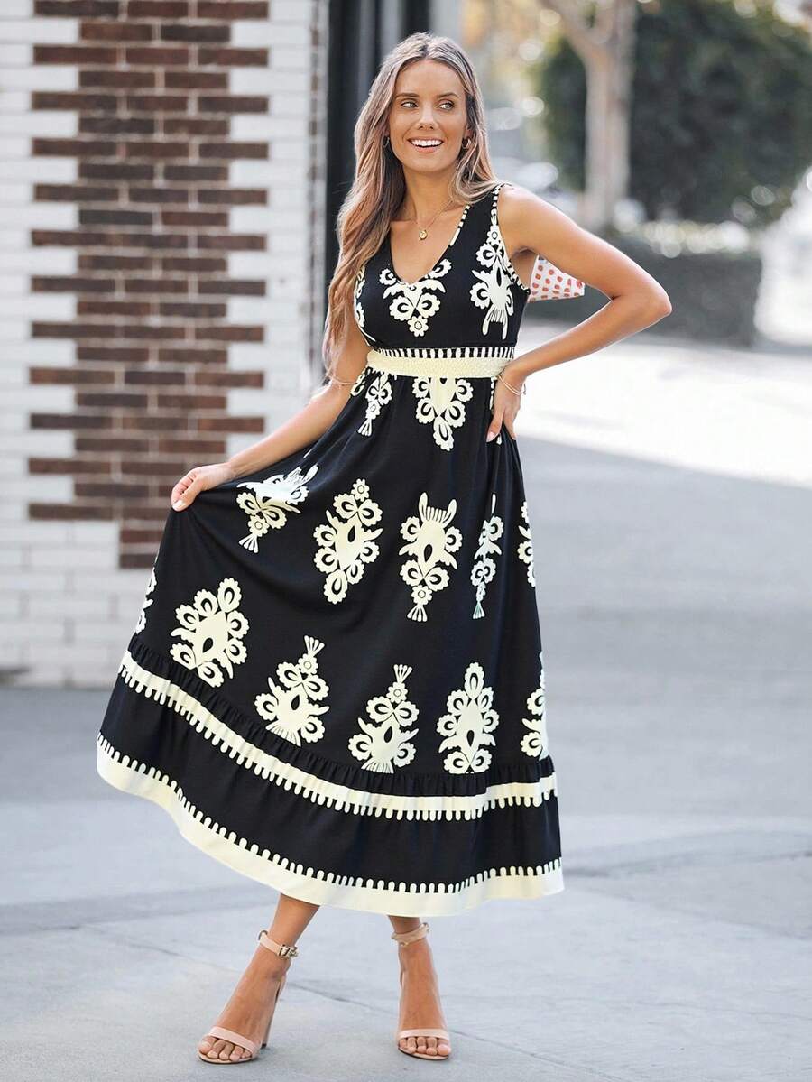 EMERY ROSE Rochie de vacanță casual cu imprimeu, mânecă scurtă, legături în talie, cu tiv în linie A și volane încrețite - Multicolor - Vizualizare 1