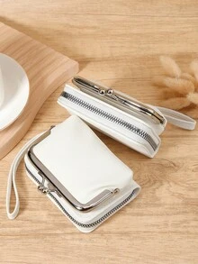 女士钱包短款 PU 皮革钱包拉链和搭扣钱包多功能大容量钱包女士零钱袋零卡包轻便、时尚现代、商务拉链信用卡商务休闲教师节、教师礼物、周年纪念、生日礼物、女士、女性、白领工作者 - 白色 - 查看 4