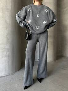 Women Casual Heart Pattern Round Neck Long Sleeve Pullover Top And Long Pants Set, Embroidery Design - Dark Grey - View 6