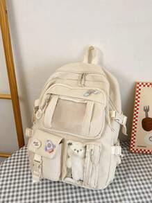 双色经典背包字母贴片，可爱校园风：可爱尼龙背包，带徽章和配件，不含卡片