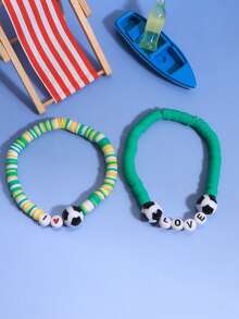 Customized Bead Bracelet Set, Summer Beach Vacation Sporty Soft Ceramic Beads Bracelet, Energetic & Fresh Sports Football Letter Bracelets, Customizable With Name, Album, Concert Slogan, Suitable As Gift For Girlfriend, Friends