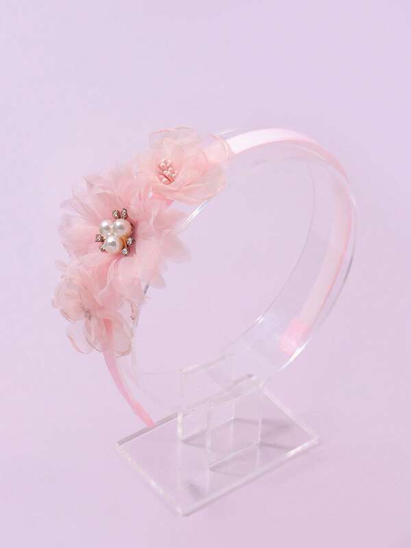 قطعة واحدة شريط شعر من قماش أحادي اللون مزين ب- 3 زهور الماس، إكسسوارات أطفال جميلة