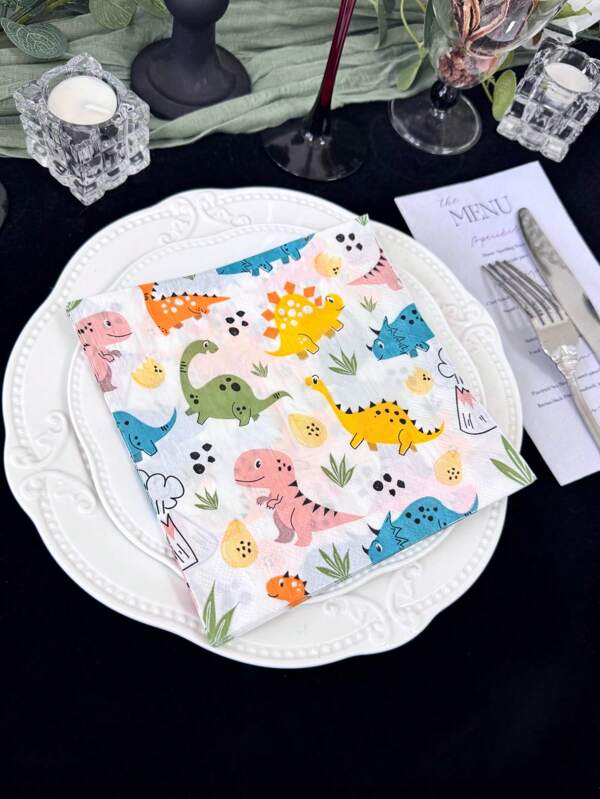 20pcs/Set Disposable Cartoon Dinosaur Print Colored Napkins, 13x13inch, Birthday Party Decorative Paper Tissues, Restaurant Dessert Shop Decor, Party Tableware, Made Of Virgin Wood Pulp