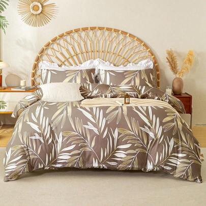三件套叶子花卉图案床上用品（1个被套和2个枕套），柔软亲肤，四季皆宜。