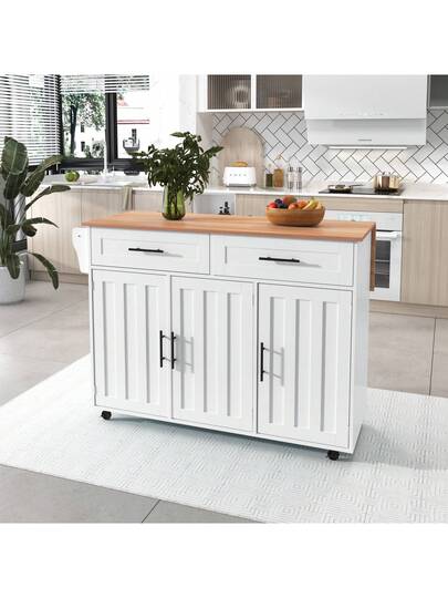 Kitchen Isl Sideboard Marble Effect Worktop, Extendable Tabletop Storage Space, Serving Trolley Wheels Drawers, Ideal Dining Room