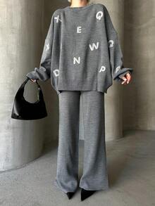 Women Casual Heart Pattern Round Neck Long Sleeve Pullover Top And Long Pants Set, Embroidery Design - Dark Grey - View 4