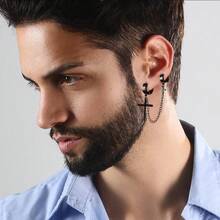 16 Pairs Stainless Steel Punk Y2K Black Dangle Earrings Men, Skull Screw Cone Etc Huggie Hoop Long Chain Piercing Hoop Earrings Set Unisex Earrings Women - 1 - Xem 3
