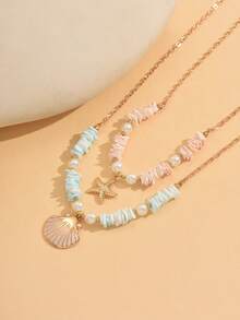 2 件套夏季波西米亚风人造珍珠 CCB 串珠手工链条项链，配合金海星和釉面贝壳吊坠，适合日常佩戴、旅行、派对、约会 - 彩色 - 查看 4