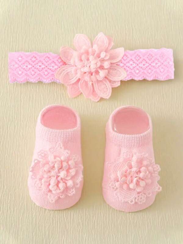 1 Set bestehend aus gestickter Blumen-Stirnband und Anti-Rutsch Socken aus weichem Kleber für Neugeborene, perfektes Baby Shower Geschenk