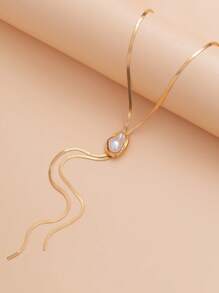 1 Set Barock Perlen Metall Anhänger Y-Kette Set, Vintage einzigartiger Metallstil, hochwertiges Halskette, Armband, Ring - Vintage, elegante flache Perlenkette, geeignet für Hochzeit, Party, Alltag, Urlaubsgeschenk für Frauen