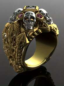 Men's Punk Skull Ring, Copper Alloy Men's Punk Style Skull Ring With Synthetic Red Cubic Zirconia, Commemorative Hip Hop Rock Fashion