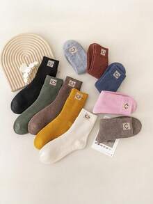 5双女士厚毛绒袜子，随机纯色，几何图案和面部图案，优雅舒适，适合秋冬季日常休闲穿着 - 彩色 - 查看 5