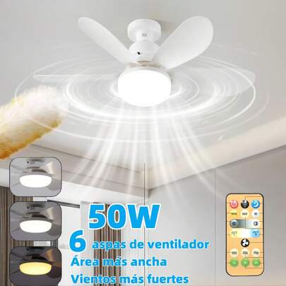 Lampara De Techo Con Ventilador Entrada E27 20.5Pulgada(185mm*520mm) Velocidades Y Luces Ajustable 40Watts Ahorrador 3000-6500k 6Aspas Mica Opalina