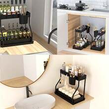 1pc Under Sink Organizers Black/White, 2 Tier Large Capacity Pull Out Kitchen & Bathroom Under Sink Drawer Organizer Space Saving, Black Storage Solution,Double Layer L Shaped Sliding Storage Organizer, Multi Functional Bathroom Caddy For Cosmetic, Cleaning Supplies, Great For Bathroom, Kitchen, Vanity Bathroom Accessories - Black - View 9
