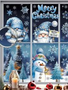 9 Stück Weihnachts-Fensteraufkleber, blaues Schneeflocken-, Schneemann- und Weihnachtsbaum-Muster Fensterfolie-Set, fröhliche Weihnachten statische Aufkleber ohne Klebstoff für Glas, Fenster Dekoration, Weihnachtsdekoration, Weihnachtsschmuck, Heimdekoration