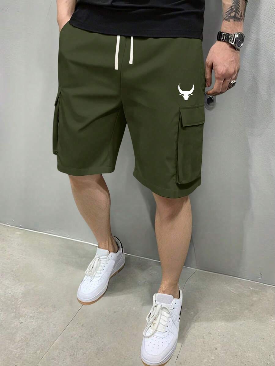 男士夏季印花抽绳工装短裤，宽松休闲度假户外口袋松紧腰裤，适合通勤、工作、钓鱼、篮球、露营、健身，送给男朋友/丈夫的礼物