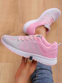 女士透气网眼系带运动鞋，柔软弹性鞋底，户外跑步鞋 - 粉色 - 查看 4