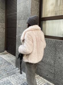GDDYIN 女士新款纯色优雅奢华仿毛领保暖外套，适合冬季穿搭 - 米色 - 查看 6