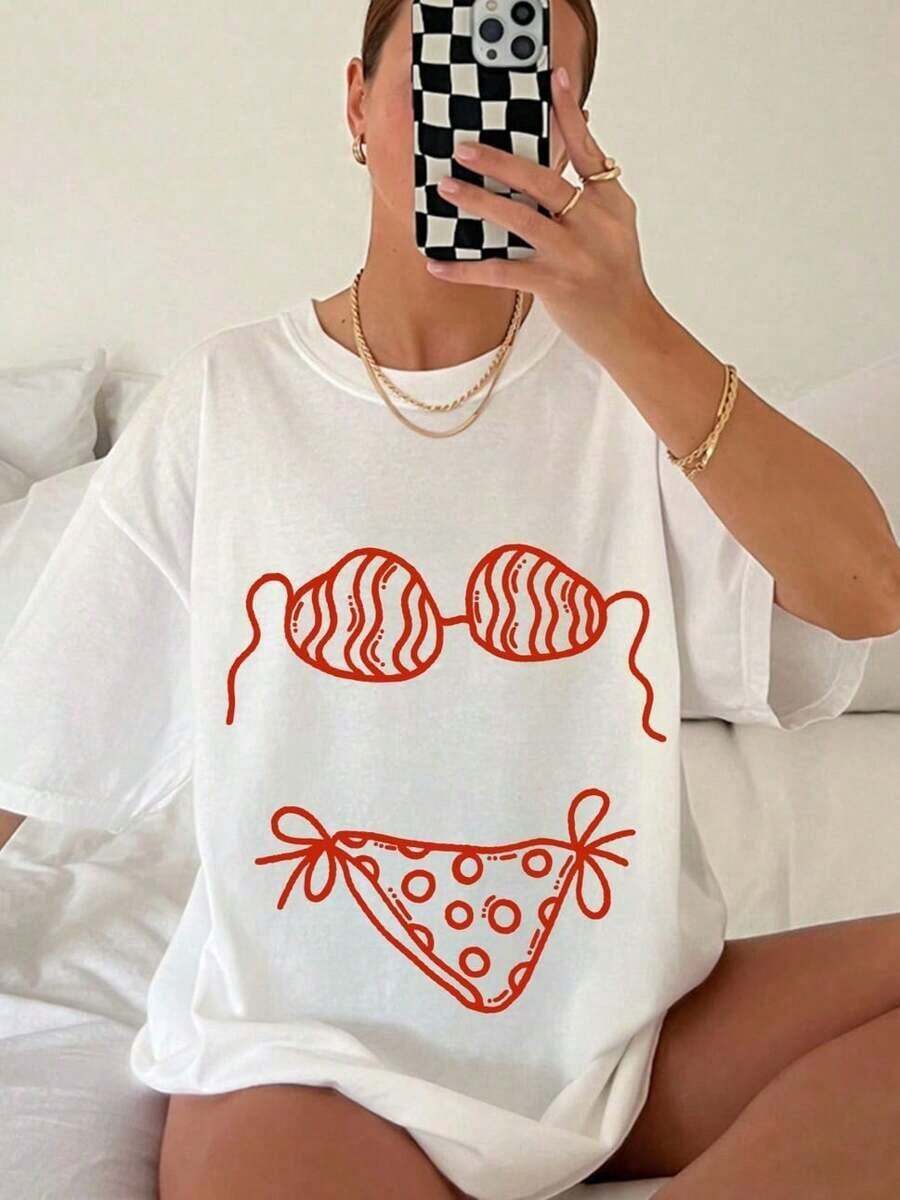 2026 New Arrival Women's Oversized Short Sleeve T-Shirt, Hand Drawn Bikini Doodle Graphic Tee, Coastal Core Italian Summer Old Money, Heavy Cotton Streetwear Top For Beach Vacation Daily Wear, Camiseta De Manga Corta Mujer Estilo Vacacional - 白色 - 查看 1