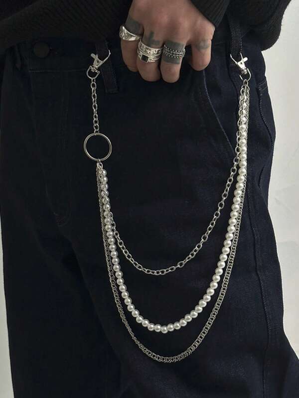 European And American Personalized Faux Pearl Patchwork Pants Chain, Men's High-End Hip-Hop Niche Jeans Waist Chain, Men's High Street Accessories, European And American Jewelry, Party Jewelry, Party Accessories, Boyfriend Gifts, Valentine's Day Gifts, Father's Day Gifts