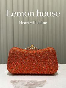 1pc Orange Glitter Luxury Rhinestone Elegant Evening Bag, Rhinestone Embellished Fashion Clutch Purse For Formal Party, Wedding, Cocktail Party - Ideal Gift For Women - Orange - View 5