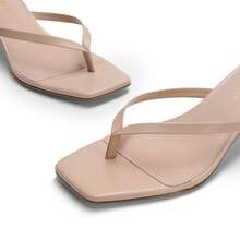 Sandalias de tacón bajo tipo bailarina cómodas para mujer, con tira en forma de chancla, punta cuadrada y abierta, zapatos cómodos para fiesta y uso casual - Desnudo - Ver 11