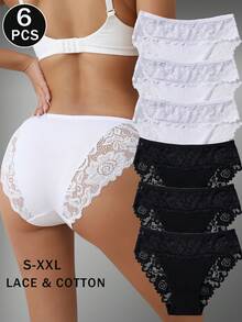 6件套优雅纯色棉质内裤舒适款式蕾丝边女式三角裤 - 黑與白 - 查看 2