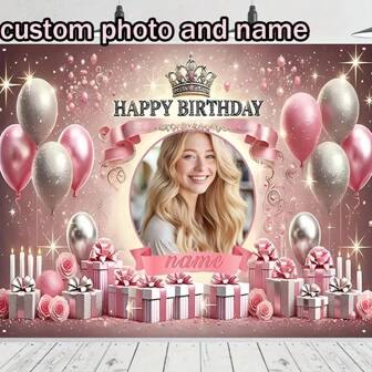 1pc Customized Shiny Pink Romantic Princess Crown Birthday Backdrop, Customized Photo And Name, Party Banner Decoration, Birthday Backdrop Wall Decor, Room, Garden, Living Room Decor, Birthday Photo Prop, Birthday Decoration Banner, Customizable Name And Photo