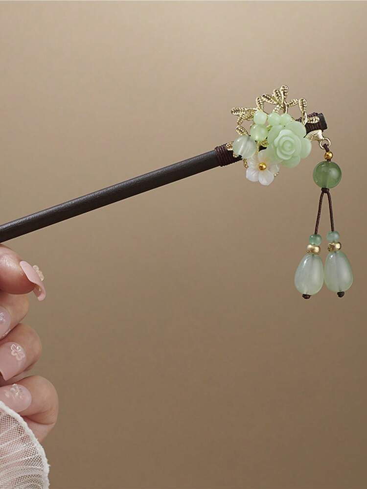 5/3/1 pezzo Fermaglio per capelli con fiori e nappe in stile cinese, accessorio per capelli in legno di ebano, adatto per donne per uso all'aperto, viaggi, fotografia, vacanze, banchetti, feste, regalo di Natale, regalo per le vacanze, fiori, outfit da vacanza per donna, accessori per capelli, accessori per la testa - Verde - Visualizzare 10