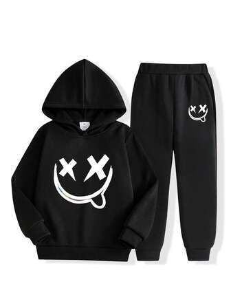 2件套男童趣味印花抓绒连帽衫卫衣和运动裤运动套装