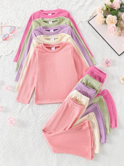 5 Sets (10 Pcs) Girls Casual Solid Color Pleated Soft Comfy Knitted Long Sleeve Tops & Flared Pants Outfits, Suitable For Outdoor Wear In Autumn/Winter
