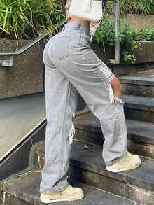 复古休闲中腰镂空做旧毛边斜插口袋直筒牛仔裤 - 灰色 - 查看 2