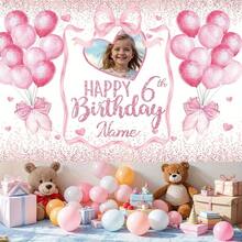 1pc Customized Glitter Pink Birthday Party Banner, Personalized With Name, Age And Photo, Designed With Balloons And Gift Box, Personalized Happy Birthday, Cake Table, Home, Outdoor, Garage Or Yard Decor - Multicolor - View 4