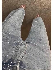 Women's Rhinestone Jeans High Waist Sright Leg Baggy Y2K Sparkly Vintage Wash Trousers Denim Pants - 藍色 - 查看 2