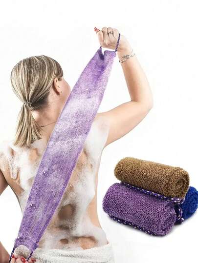 Set med långt nät för exfolierande ryggskrubb, dubbelsidigt set för skonsam och grov exfoliering, effektiv kroppsskrubb, ryggskrubb för duschbruk, premiumnätmaterial, praktisk handduksdesign med remmar, luffahandduk, kroppssvamp för len hud, utmärkt för daglig användning (blå, lila)