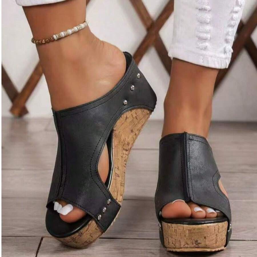 [Vintage Slippers]Elegant High-Quality Women's Slippers With Thick Soles And Wedge Heels, Featuring A Retro Style And Comfortable Design, Single-Foot Sandals. - 黑色 - 查看 1