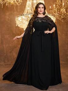 SUPGIR Abendkleid für Damen in Große Größen mit rundem Ausschnitt, Pailletten-Taillengürtel und Chiffon - Schwarz - Übersicht 4