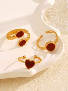 3 件套不锈钢几何心形开口戒指套装，简约红色渐变女款，适合日常和节日佩戴 - 彩色 - 查看 6