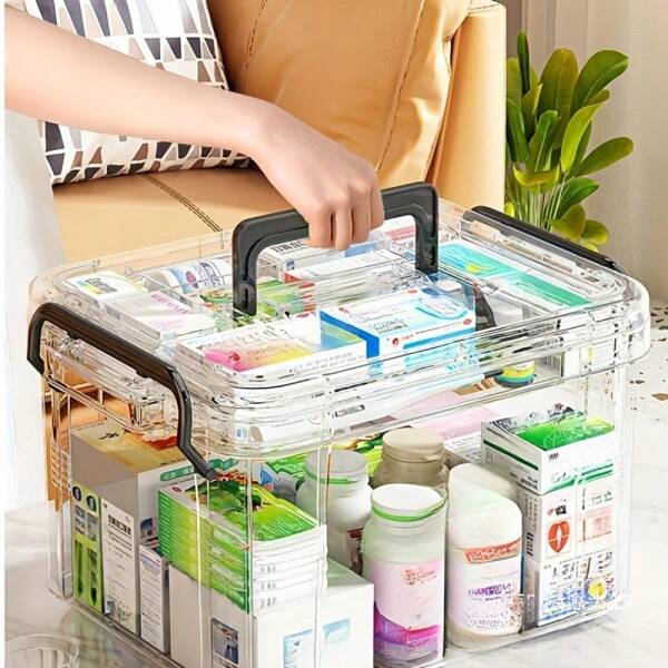 Double Waterproof Transparent Medicine Storage Box-Easy To Take And Put, Portable Handle Buckle, Very Suitable For Family And Travel.